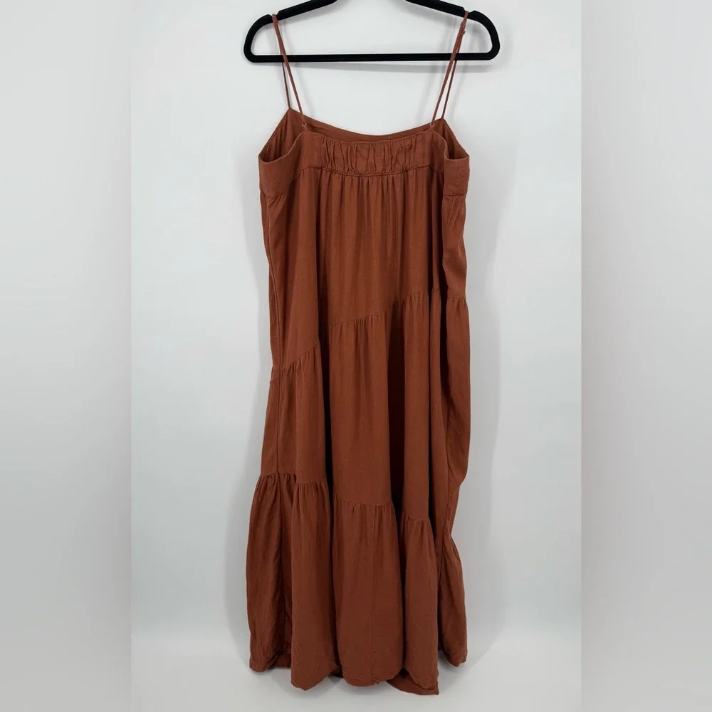 Abercrombie & Fitch Linen Viscose Asymmetrical Tiered Maxi Dress In Rust Brown
